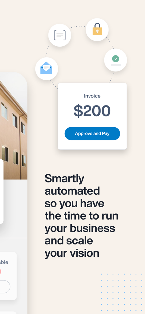 AppFolio Property Manager - Mobile app interface showing an automated invoice for two hundred dollars with an approve and pay button.