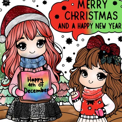 girl holding a notebook saying merry christmas and a happy new year with sow behind the girl and another girl saying 4 of december