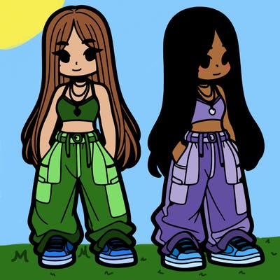 girl in baggy pants crop top and long hair