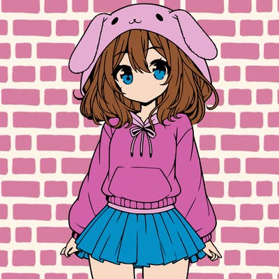 pretty anime girl wearing a fluffy hoodie with bunny ears on the hood and a skirt