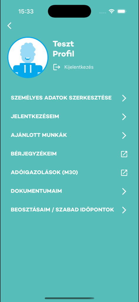 User profile screen of the Melo-Diak student job application showing menu options for applications and documents