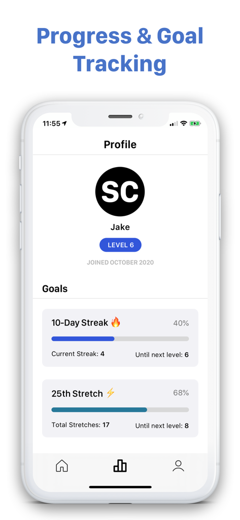 Capture d'écran de l'application Stretch Club montrant les progrès de l'utilisateur et le suivi des objectifs pour les séries quotidiennes