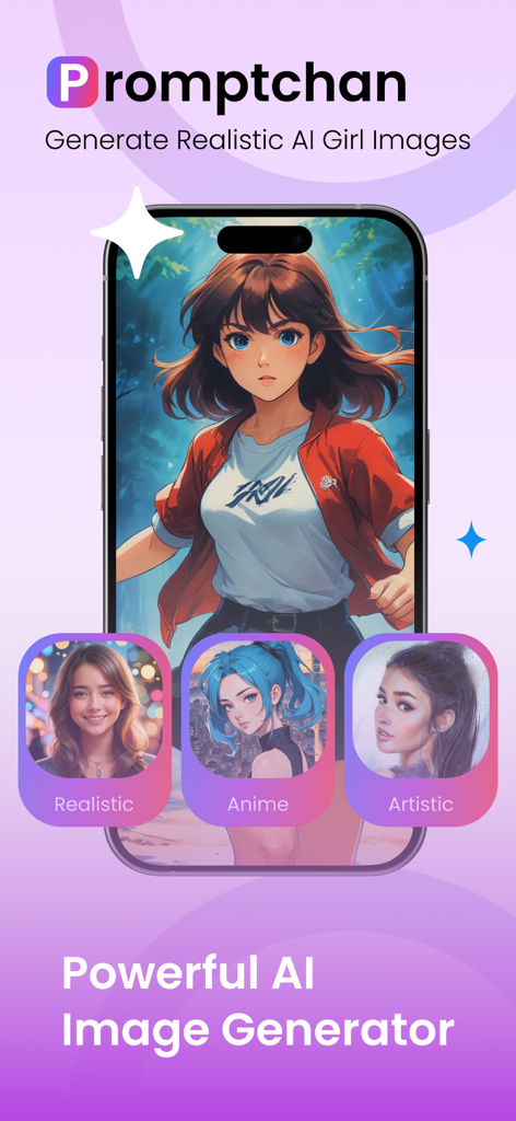 Promptchan ai - Promptchan AI app interface showing realistic anime and artistic style options for generating AI girl images