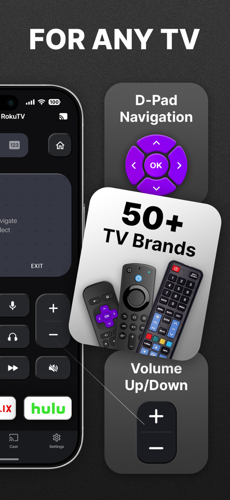 Interface da aplicação de controlo remoto universal mostrando controlos de navegação e suporte para mais de cinquenta marcas de TV