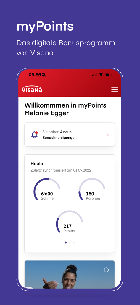 Visana-App myPoints dashboard showing steps, calories, and reward points for fitness tracking