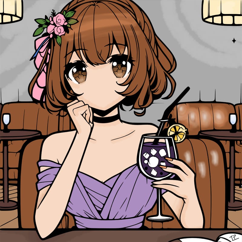elegant anime girl at restaurant holding drink