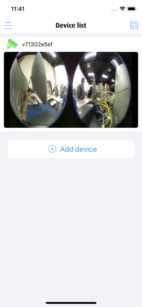 HiSee app interface showing a device list with a live camera preview and add device button