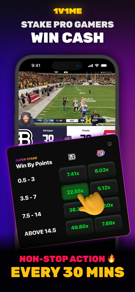 Esports staking interface on 1v1Me app showing live gameplay and betting multipliers