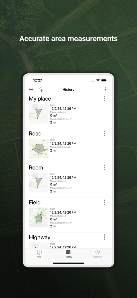 My GPS Area Calculator - Une liste des mesures de surface et de distance GPS enregistrées dans la section historique de l'application