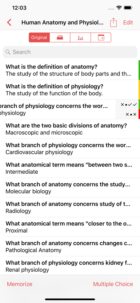Flashcard Hero - Eine Liste von Anatomie- und Physiologie-Karteikarten innerhalb der Flashcard Hero Mobile App
