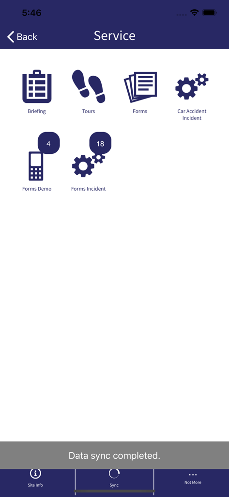 Timegate Employee - Service screen of the Timegate Employee app displaying various job task icons like tours and incident forms