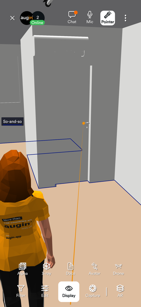 Augin - Interface do aplicativo Augin mostrando um avatar 3D dentro de um modelo arquitetônico de realidade aumentada.