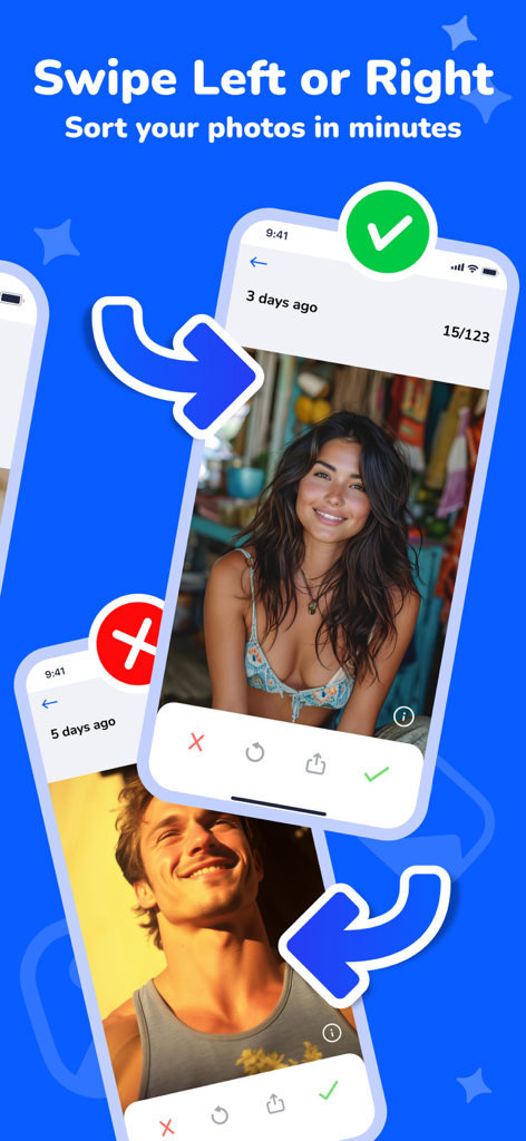 Smart Cleaner・Storage Clean Up - Smartphone screen showing how to swipe left or right to quickly sort and delete photos.
