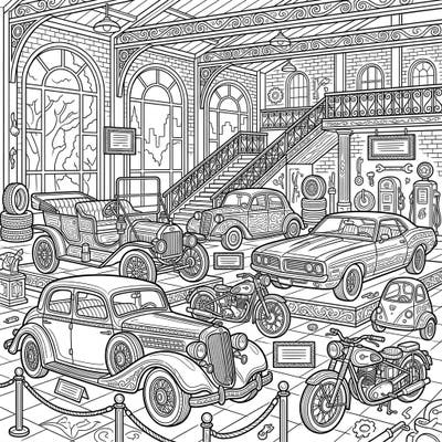 Immerse yourself in the fascinating world of vintage vehicles with this exquisitely detailed automotive museum coloring page. Designed for adults, it offers a relaxing and intricate journey through automotive history.
