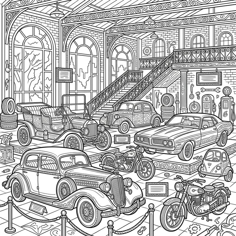 Immerse yourself in the fascinating world of vintage vehicles with this exquisitely detailed automotive museum coloring page. Designed for adults, it offers a relaxing and intricate journey through automotive history.