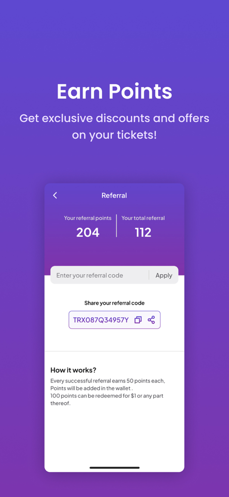 Ticket Box App - Pantalla de referidos de la aplicación Ticket Box que muestra los puntos de referidos ganados y las opciones para compartir un código de referidos para obtener descuentos en entradas