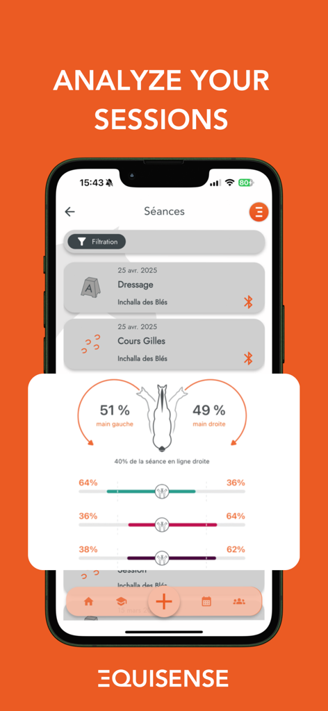 Equisense Inside - Equisense Inside app interface displaying horse riding session data including balance and symmetry metrics