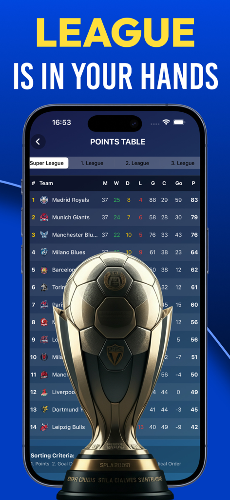 Referee Simulator : Soccer - Una pantalla de smartphone que muestra una tabla de clasificación de liga de fútbol y un trofeo de oro en el juego Referee Simulator.