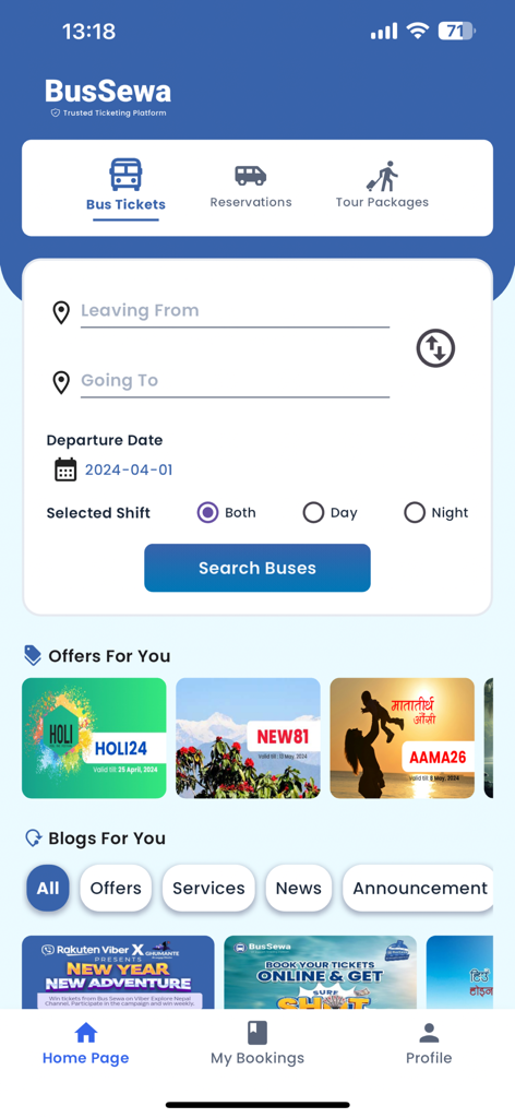 BusSewa - Home screen of the BusSewa mobile app showing the bus ticket search form with fields for origin destination and departure date