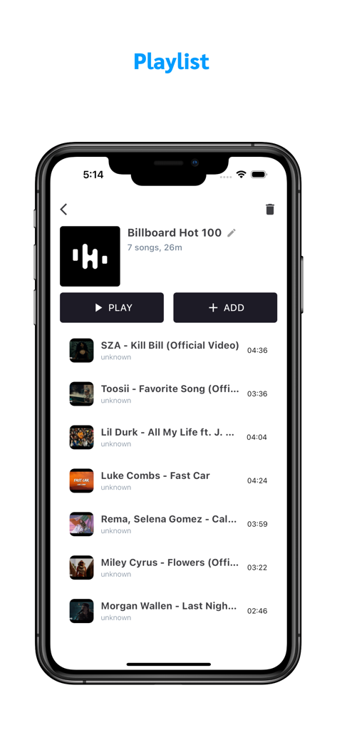 Supi Player for Youtube - Supi Player app interface showing a music playlist on an iPhone