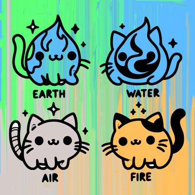 4 cats that represent the different elements, earth, water, air, and fire