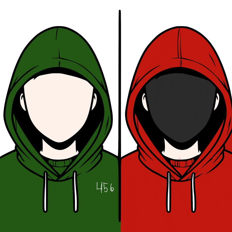 a person with a hoodie and no face, the drawing is split in 2