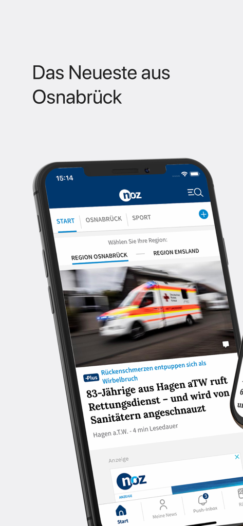 noz News - Smartphone screen displaying regional news from Osnabrueck in the noz News app interface.