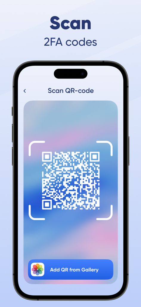 A smartphone interface showing the process of scanning a QR code to set up two-factor authentication codes