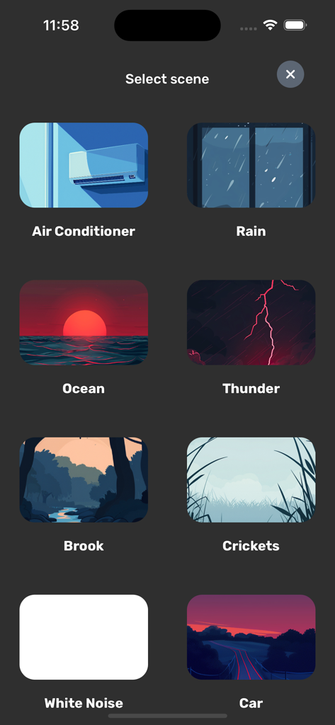 Interface of the White Noise app showing various sleep sound scenes including rain ocean and air conditioner