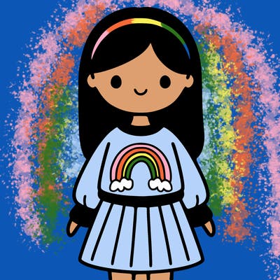 girl with a sweater on with a rainbow on it, she is wearing a skirt, she has waist length hair, with a plain headband