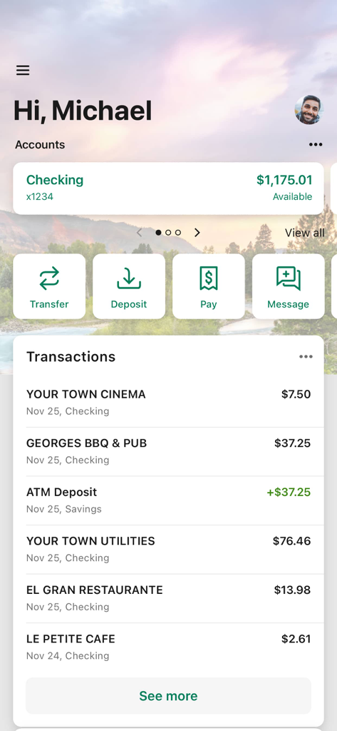 Alpine Bank - Alpine Mobile - Dashboard of the Alpine Bank mobile app showing a checking account balance and a list of recent transactions