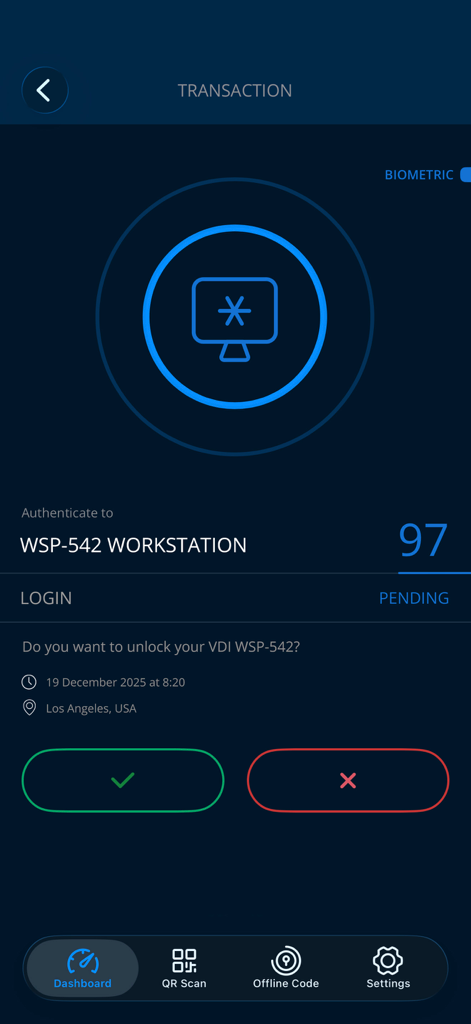 Smart Log On - Smartphone interface for Smart Log On showing a pending workstation login authentication request with approval buttons