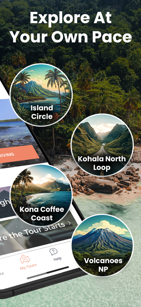 Big Island Hawaii Gypsy Guide - Interfaccia dell'app mobile per Big Island Hawaii Gypsy Guide con tour autoguidati del Parco Nazionale dei Vulcani e della Kona Coast