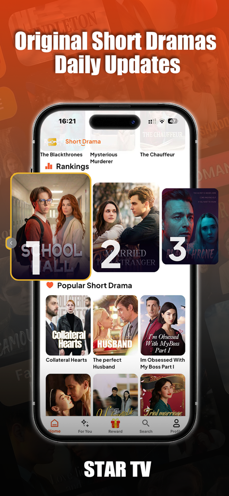 STAR TV - Movies & Dramas - Interface de l'application Star TV montrant les classements des mini-dramas populaires et les mises à jour quotidiennes sur un écran de smartphone.