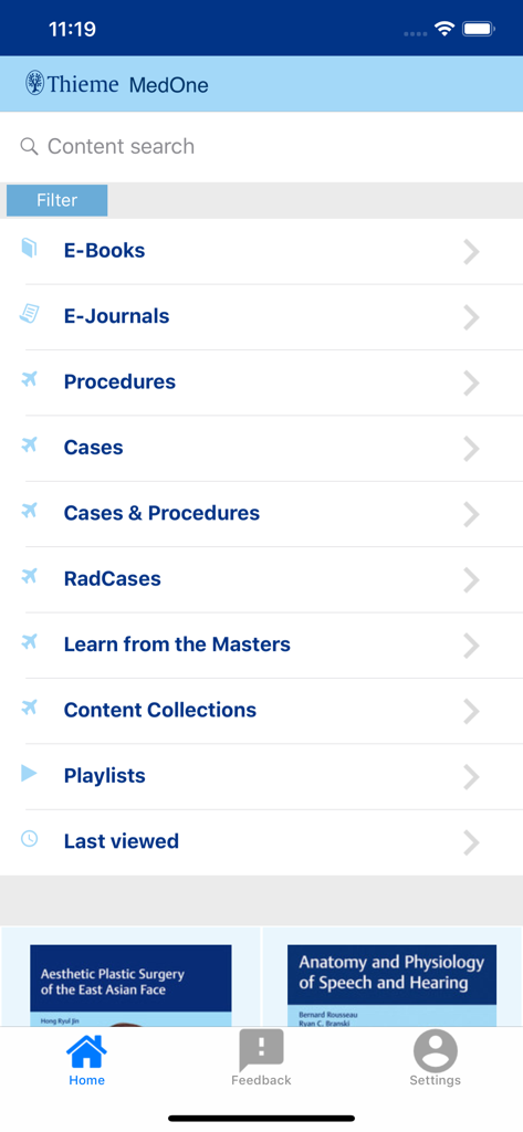 MedOne - Menu principal do aplicativo Thieme MedOne apresentando e-books médicos, periódicos e casos de procedimentos.