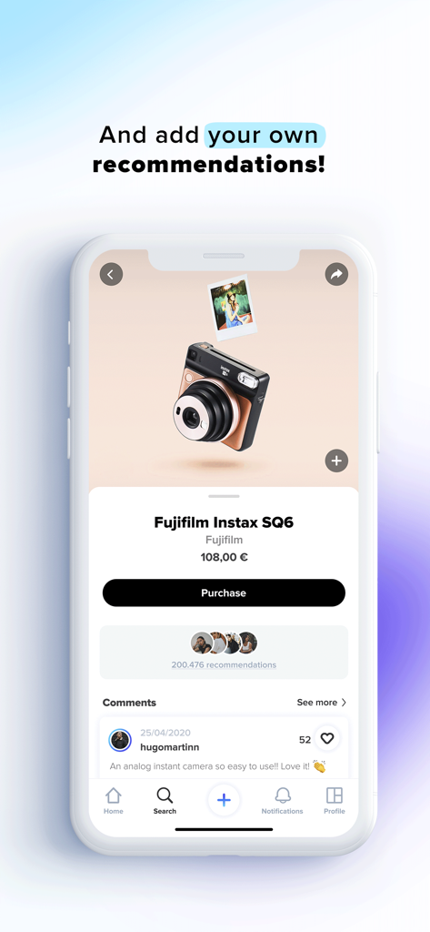 Peoople - Peoopleアプリのインターフェース。購入ボタンとコメント付きのFujifilm Instaxカメラのユーザーのおすすめを表示しています。