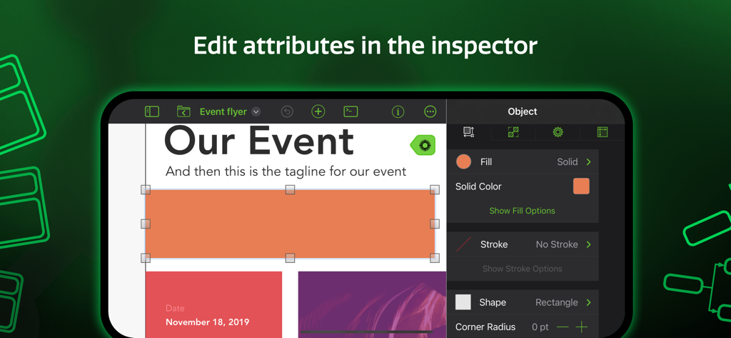 Screenshot of OmniGraffle 3 app showing the object inspector to edit attributes like fill color and stroke of a shape