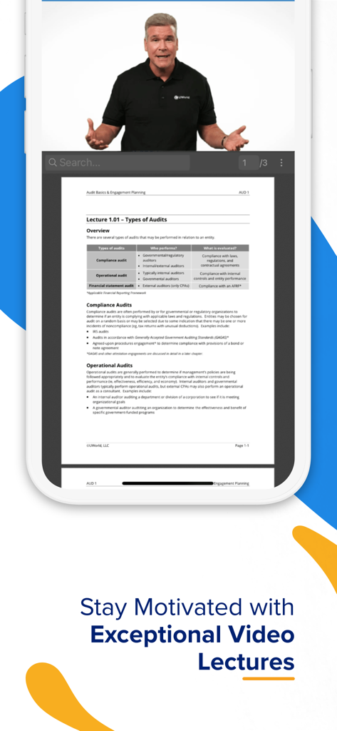 UWorld Finance - Exam Prep - UWorld Finance mobile app interface featuring an expert video lecture and digital study notes for CFA exam preparation