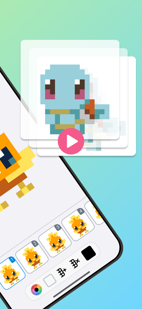 Pixel Animation - Pixel Art - A mobile app interface showing a frame-by-frame pixel art animation of a cute orange character.