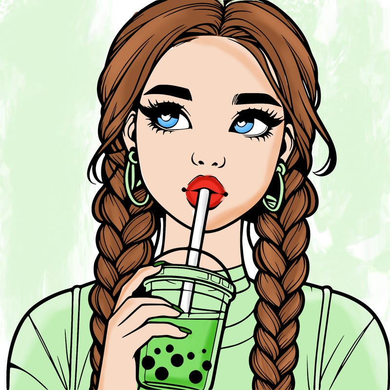 realistic girl with braided hair drinking boba