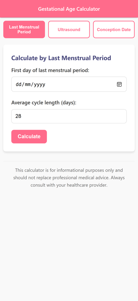 Gestational Age Calculator App - Gestational Age Calculator app screen for calculating due date using the last menstrual period method.