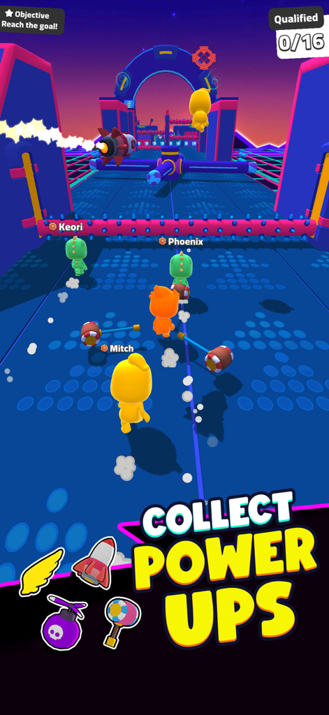 Rumble Rush: Runner Game - Personagens multijogador correndo por um percurso de obstáculos de neon com ícones de power-up em Rumble Rush