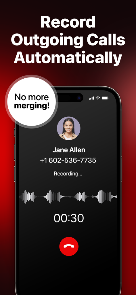 Interfaccia dell'app RecMyCalls che registra automaticamente una chiamata in uscita senza unire le chiamate