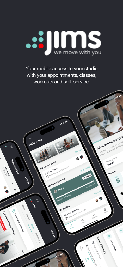 Plusieurs écrans d'iPhone affichant l'interface de l'application de fitness Jims avec les horaires d'entraînement et le suivi des progrès