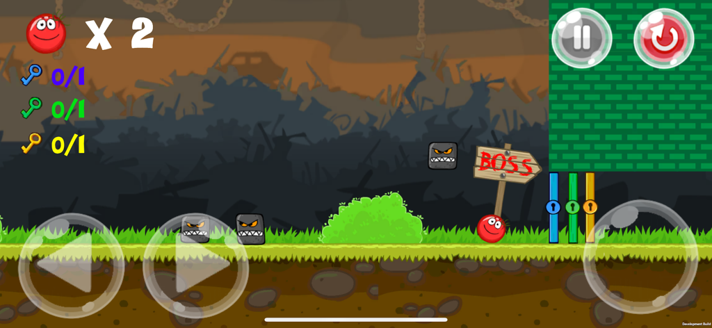 Brave Ball (Game Troll) - Brave Ball Charakter in einem Plattformer-Level mit viereckigen Feinden und einem Boss-Schild