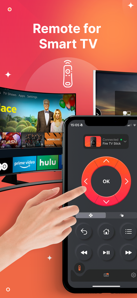 Mano usando la aplicación Control Remoto para TV Stick en un iPhone para controlar un Smart TV.