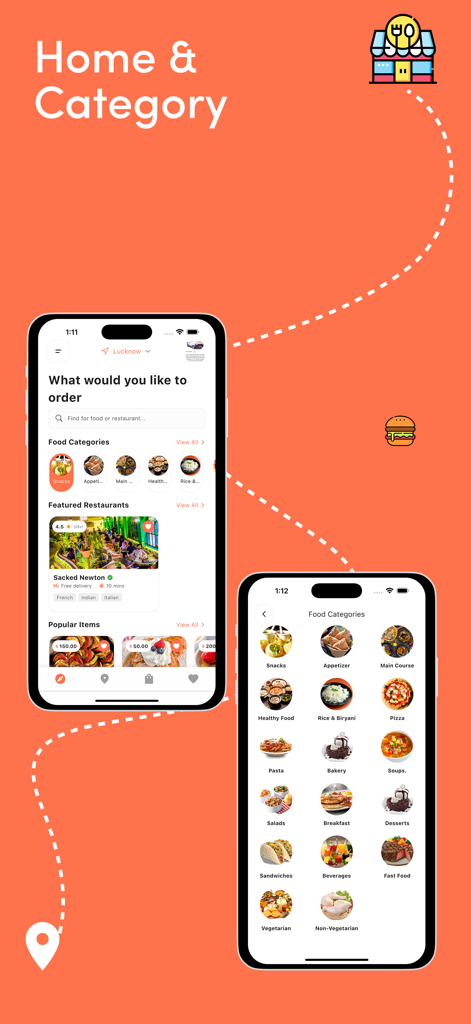 Graby.qa - Graby.qa mobile app interface showing the home screen with featured restaurants and a detailed list of food categories like pizza, pasta, and healthy options.