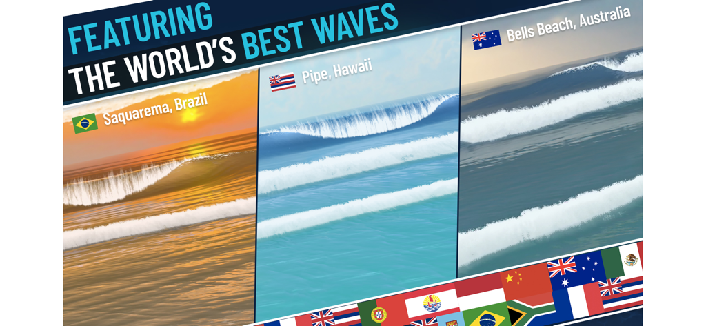A showcase of famous surfing locations in True Surf including Hawaii Brazil and Australia