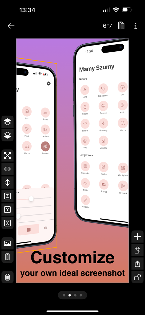 Interfaz de la app App Previews mostrando dos mockups de iPhone sobre un fondo degradado con varias herramientas de edición y capas para crear capturas de pantalla de la App Store