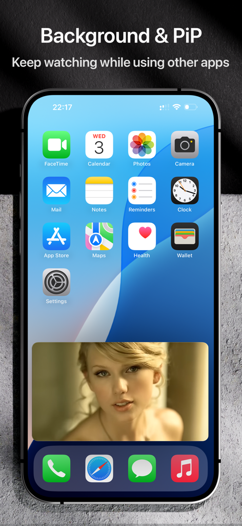 YouPlay: AdBlock Video Browser - iPhone-Startbildschirm, der zeigt, wie ein Video im Bild-im-Bild-Modus mit der YouPlay-App abgespielt wird